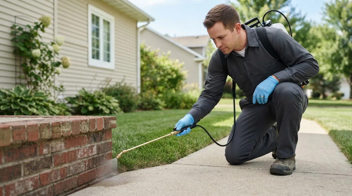 Pest control technician treating a home near Luzerne, IA