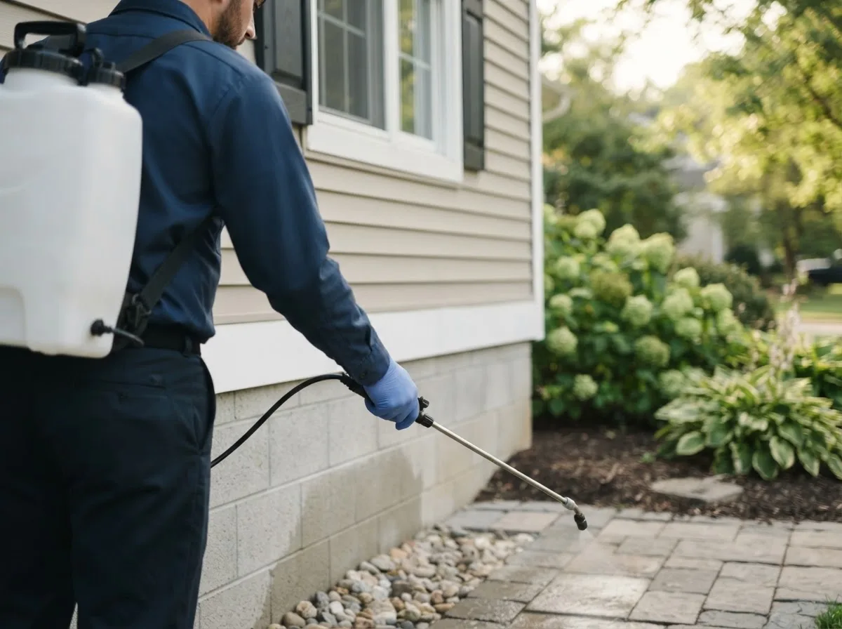 Pest control technician inspecting a home in Luzerne, IA